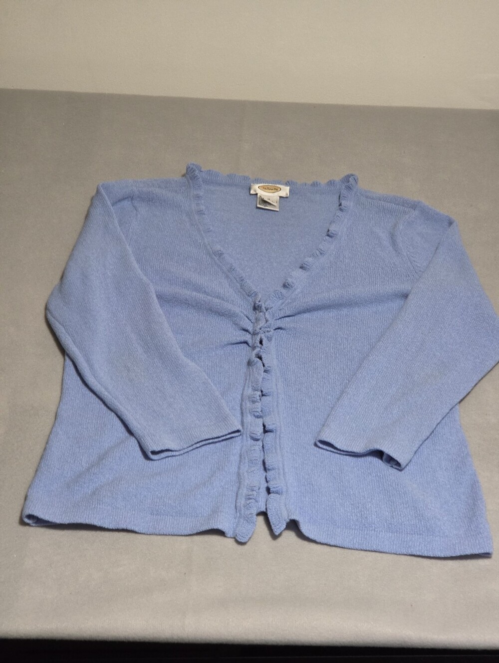 Vintage Talbots Blue Ruffle Cardigan Gold Hook Closure M